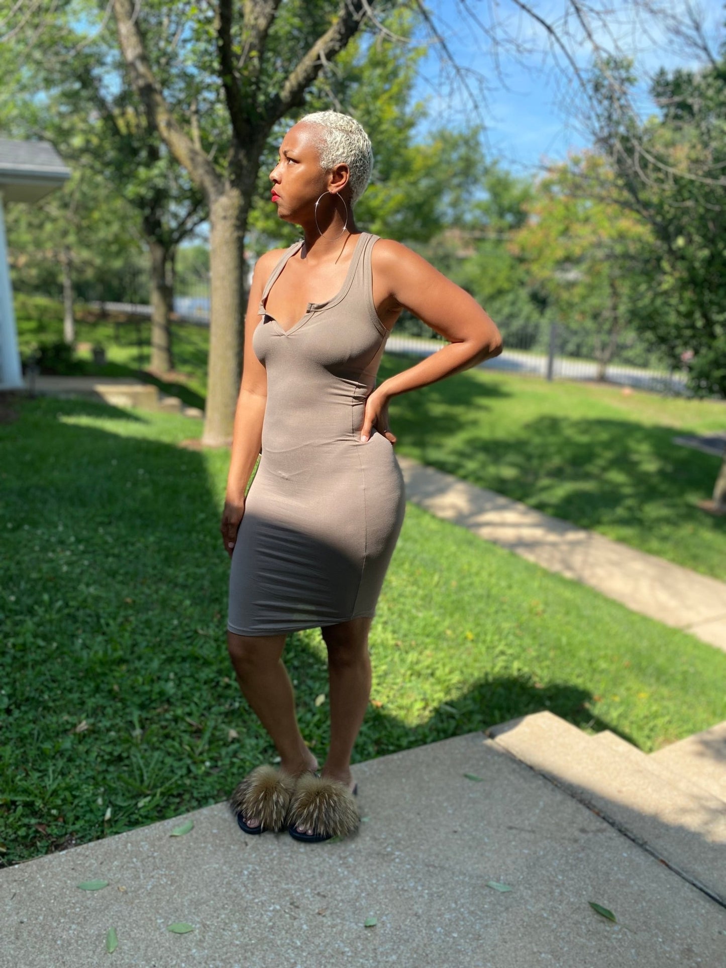 Taupe Split neck midi tank dress - Misfits Clothing Boutique