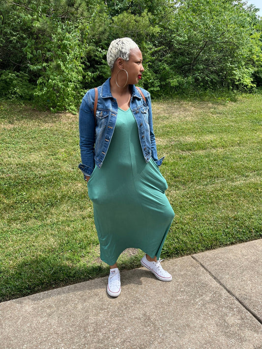 Basic Short Sleeve V Neck Maxi Dress With Pockets - Misfits Clothing Boutique