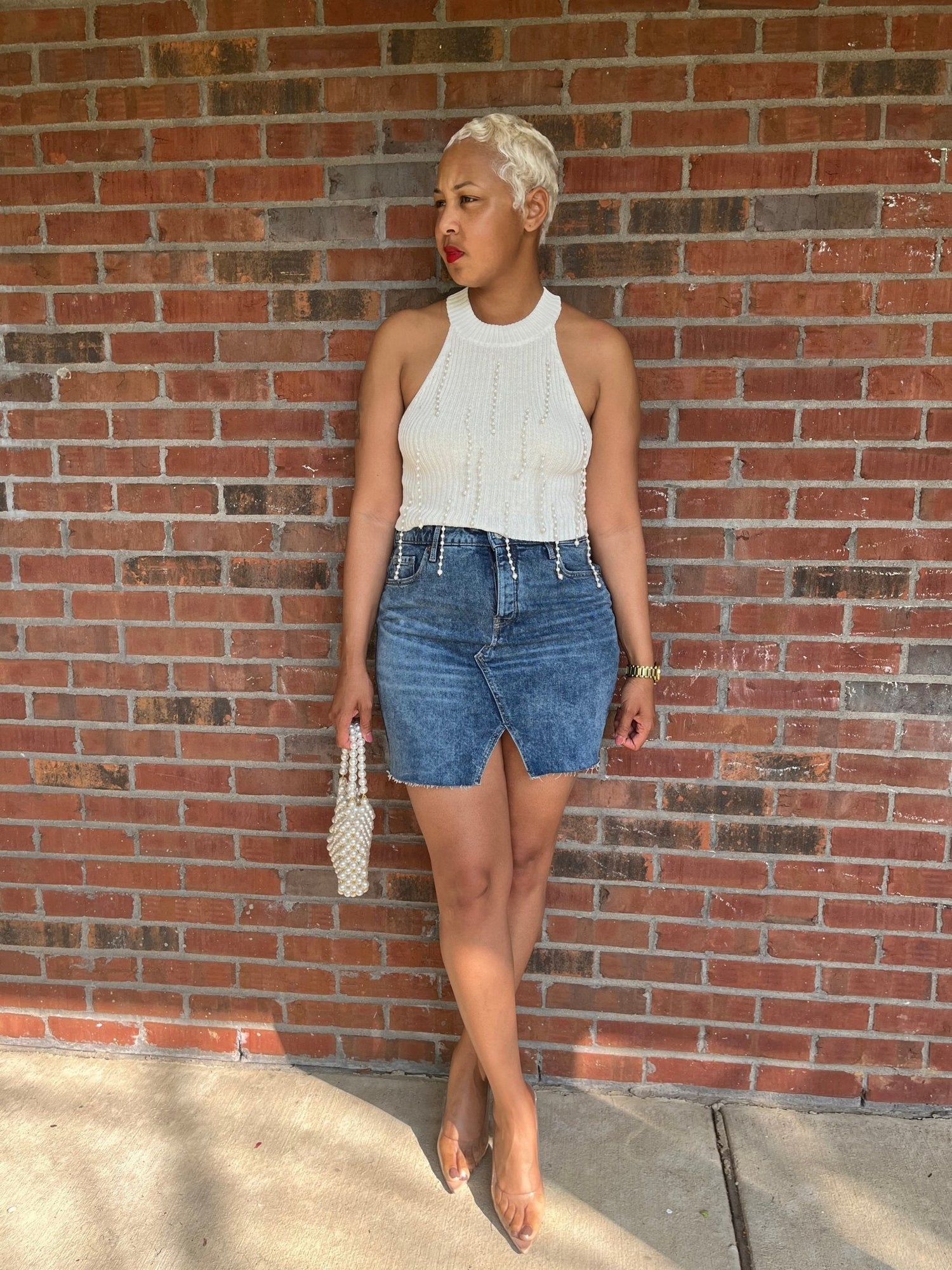 Rhinestone pearl crop halter - Misfits Clothing Boutique